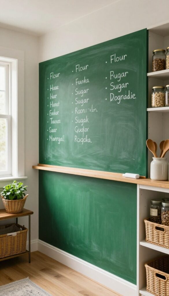 Elegant walk-in pantry with a deep green chalkboard wall for inventory tracking, framed by a wooden ledge with chalk and eraser, surrounded by organized shelves and natural light.