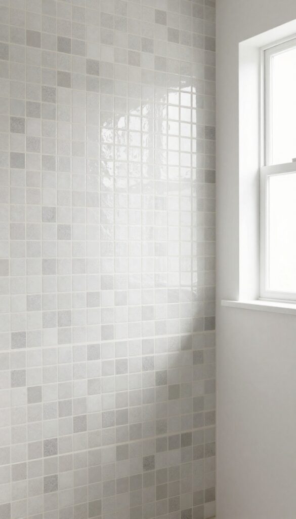 Shower mosaic tile design mixing matte and glossy finishes for subtle contrast in a neutral bathroom setting.