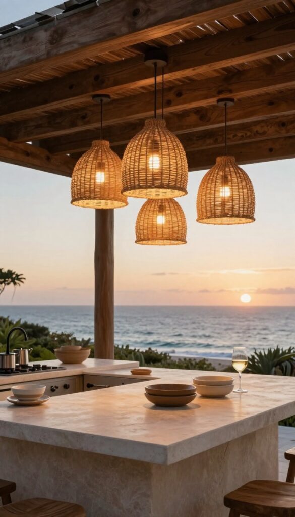 Outdoor kitchen with hanging rattan pendant lights over a stone countertop at dusk, coastal view in background.