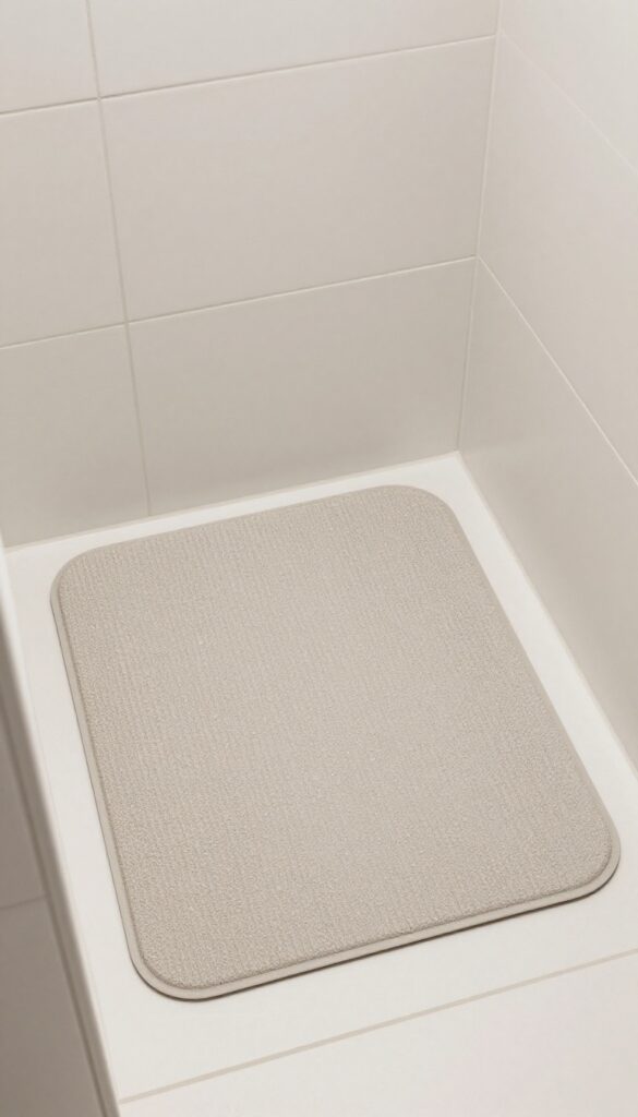 A custom-sized shower mat fitting perfectly into an irregularly shaped bathroom corner, with bright natural lighting and a clean, stylish design.