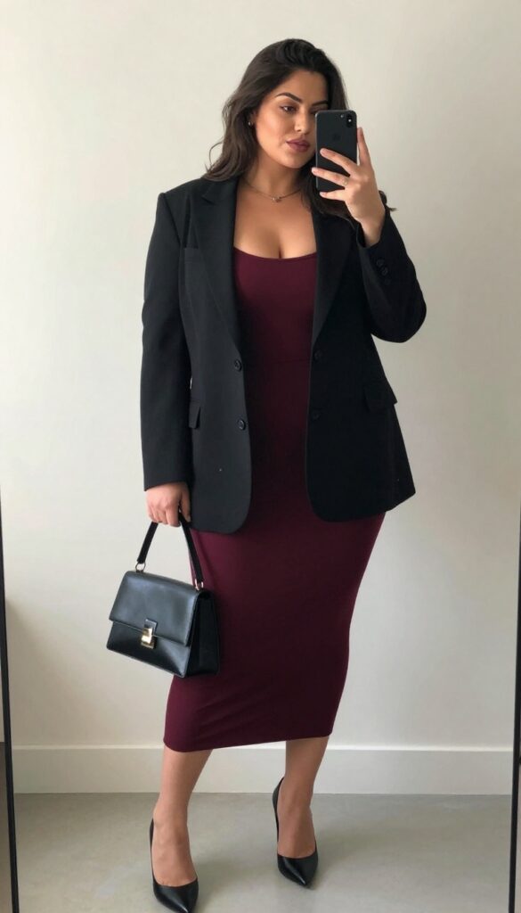 Plus-size woman in black bodycon dress and oversized blazer taking a mirror selfie, wearing heeled boots and carrying a structured handbag.