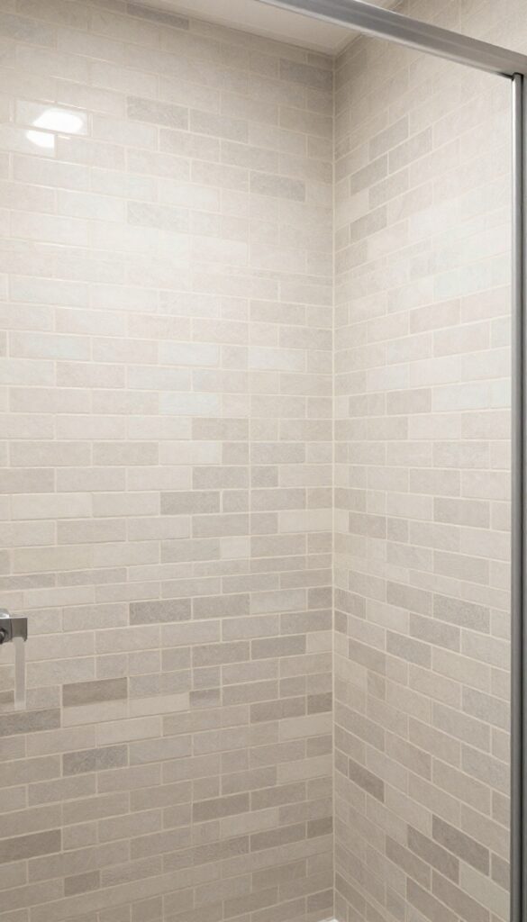 Shower stall wall with layered tile sizes adding depth and visual interest in a modern bathroom