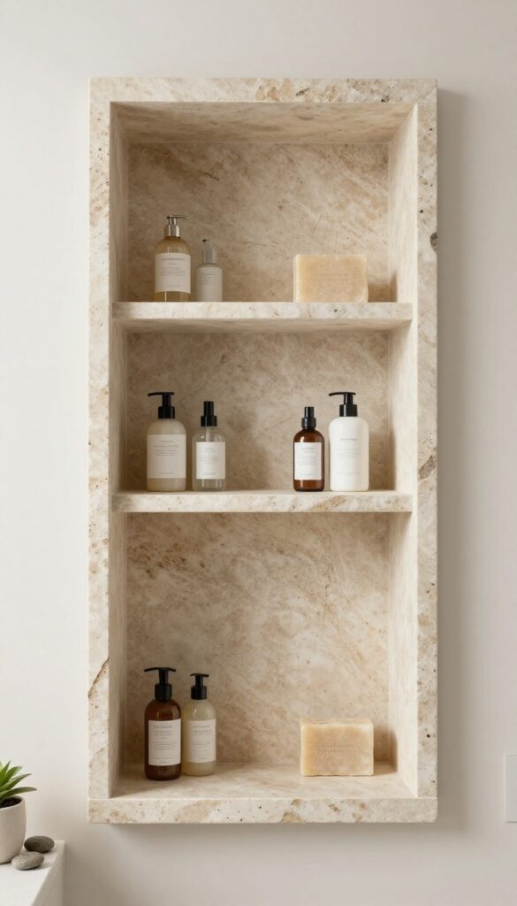 A close-up photo of a natural stone shower niche in a rustic bathroom setting, displaying organized shower products with earthy textures and soft lighting.