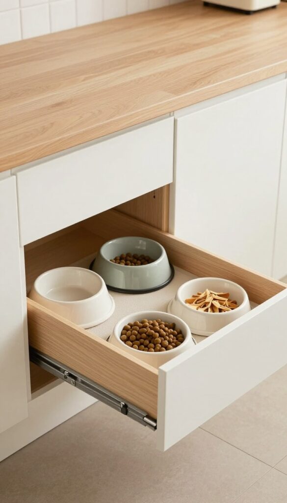 A deep drawer in a kitchen peninsula open to reveal pet supplies, bowls, and food neatly stored inside.