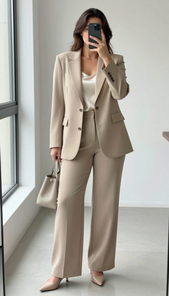Plus-size woman in a beige monochrome suit with matching blazer and trousers, cream silk top, nude pumps, and structured tote bag, taking a mirror selfie in bright natural light.