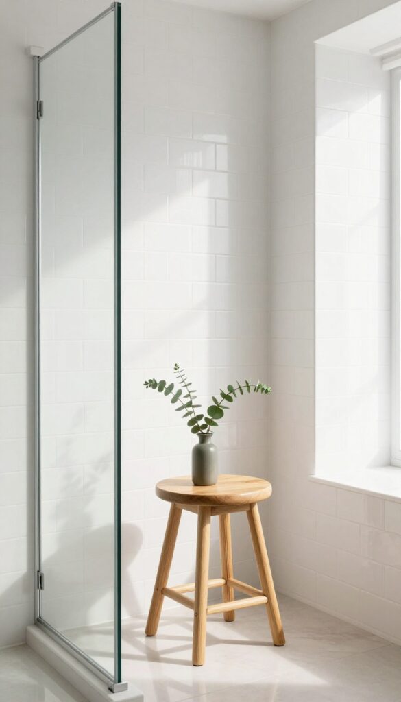 Teak stool with slim silhouette in small shower