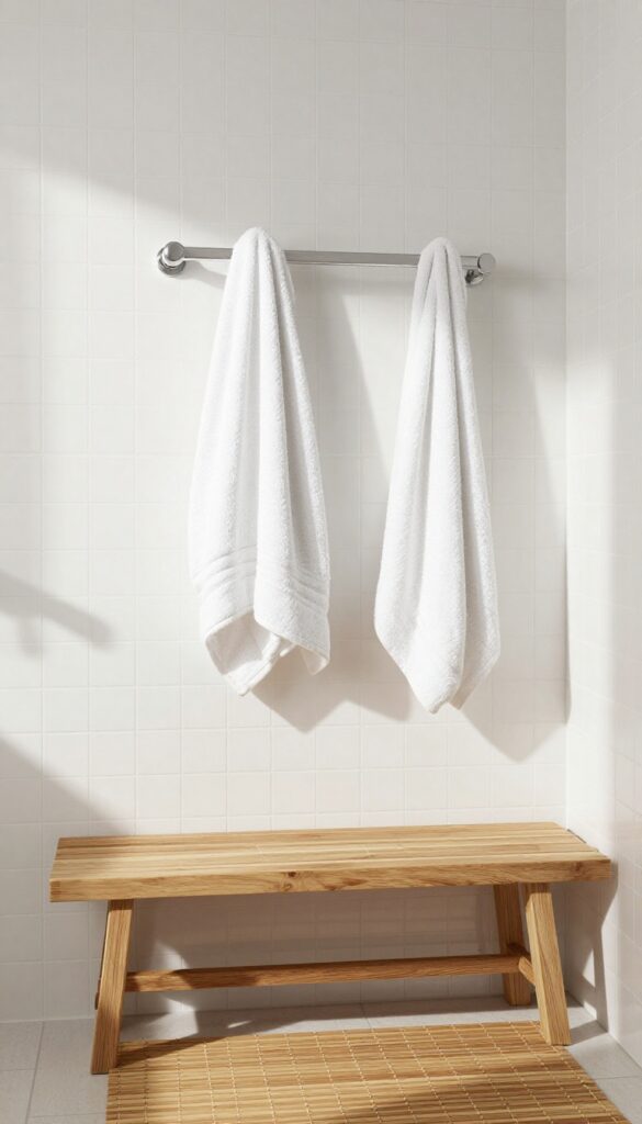 White herringbone tile shower with towel warmer and wood accents