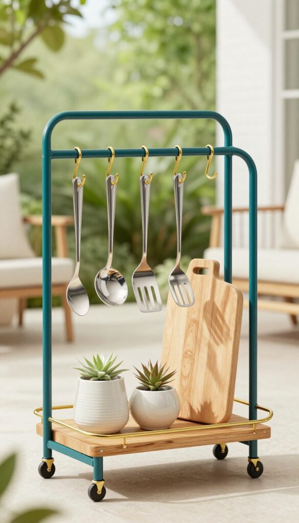 Refurbished teal metal cart with brass hardware, hooks with utensils, and wooden shelf with planters on sunny patio