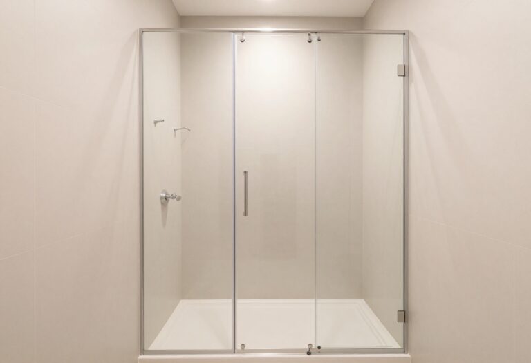 Modern small bathroom with a frameless glass shower enclosure and light tiles, creating a spacious and inviting atmosphere.