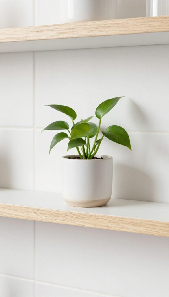 A small pothos plant in a ceramic pot on a bathroom shelf for natural texture and soft decor.