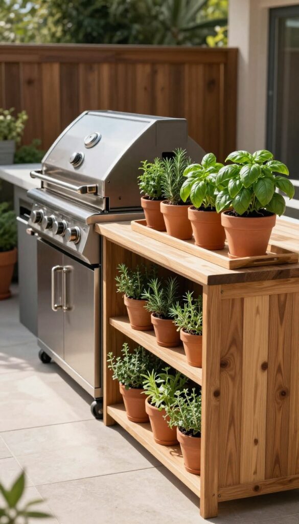 Herb garden on outdoor kitchen counter beside grill