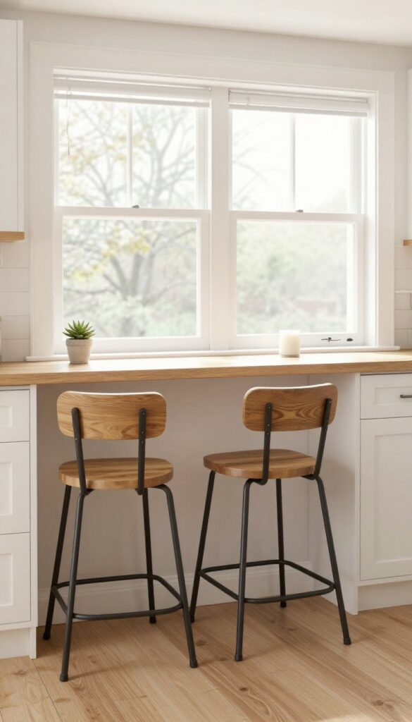 Cozy kitchen window sill bar with two backless stools and a plant