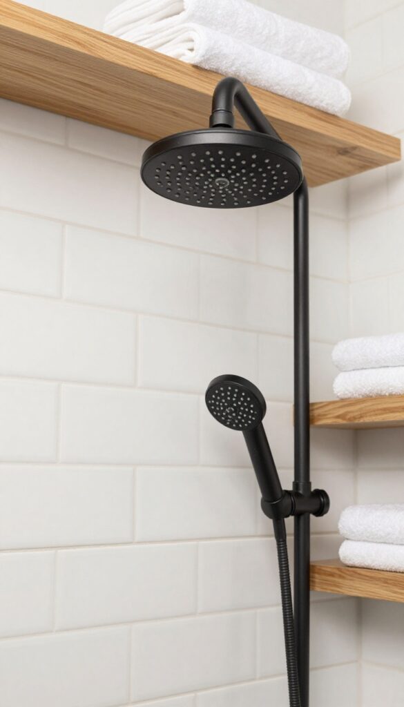 Industrial pipe-style shower head in a modern bathroom with white subway tile and wood accents