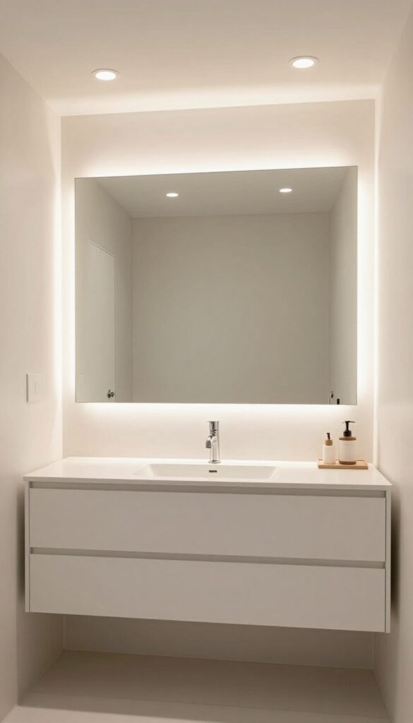 Modern bathroom with layered lighting including wall sconces beside mirror, dimmable ceiling light, and LED strips under floating vanity in bright natural light.