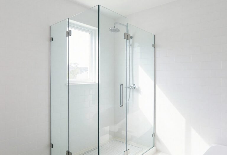 Small bathroom with frameless glass shower enclosure, white subway tile, and rain showerhead in natural light
