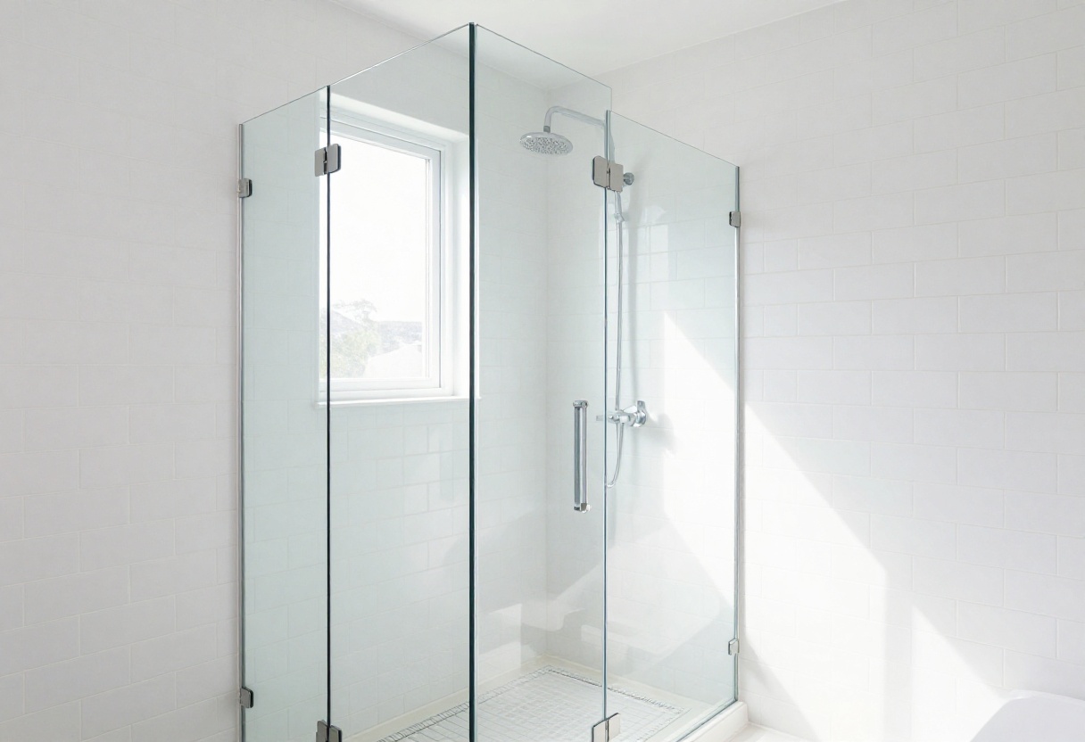 Small bathroom with frameless glass shower enclosure, white subway tile, and rain showerhead in natural light