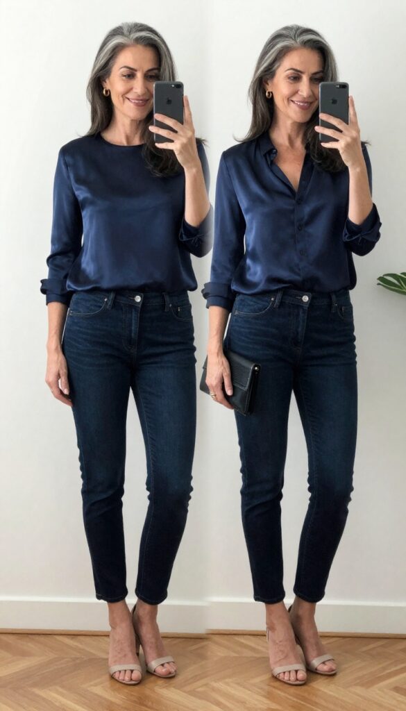 Woman in dark-wash jeans and navy satin blouse taking a mirror selfie, holding a phone, with nude heeled sandals and gold earrings.