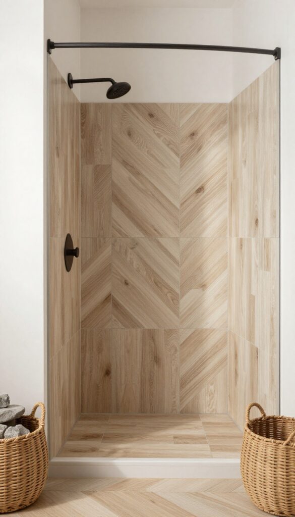 A bathroom shower featuring wood-look porcelain tiles in a herringbone pattern, showcasing natural grain and texture under bright natural light, with neutral colors and warm accents for a cozy, durable design.