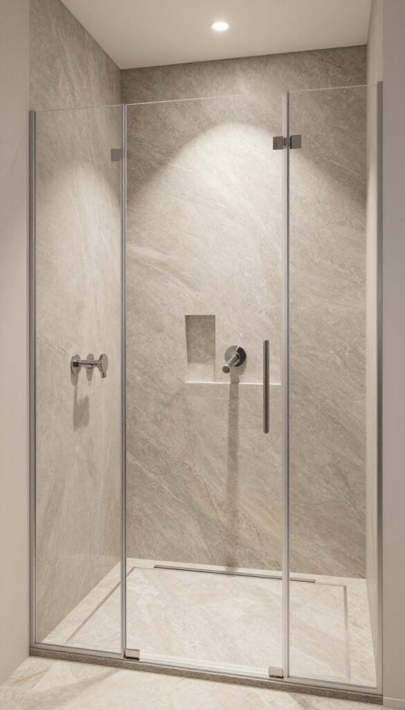 Modern shower stall with textured stone slab backing