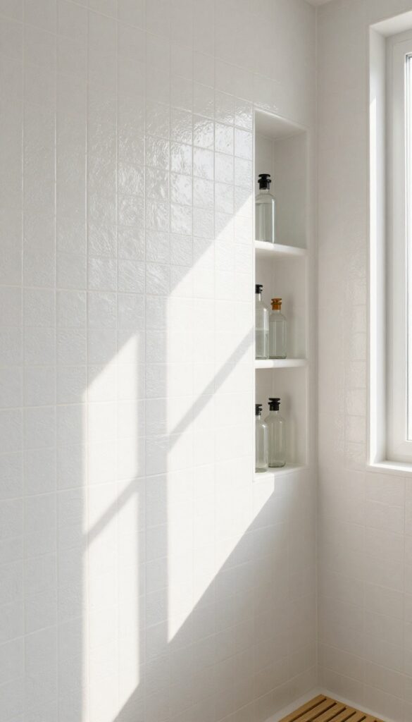 White zellige tile shower with built-in shampoo niche