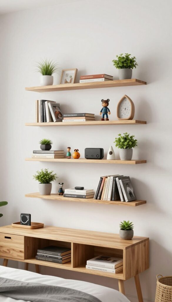 A teen boy's bedroom with floating shelves providing storage for books and decor in bright natural light.