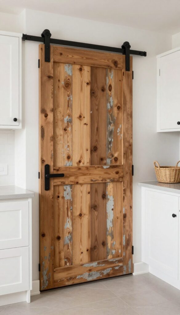 Reclaimed barn door sliding across pantry opening in bright kitchen with rustic wood texture and modern appliances