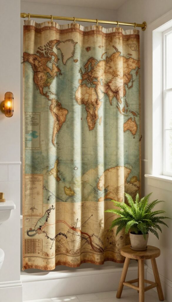 Cozy bathroom with vintage map shower curtain, brass fixtures, and warm lighting