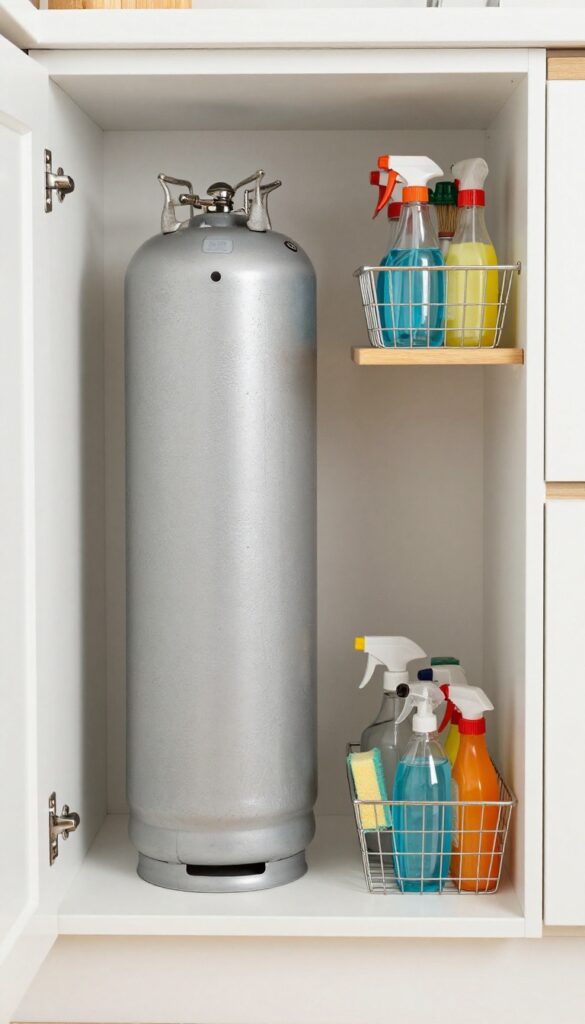 Under-sink cabinet with gas cylinder on left, tension rod with spray bottles on right, organized and bright.