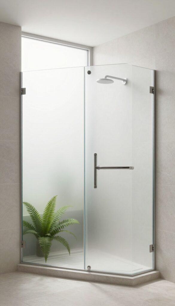 A bright, airy zero-entry shower with a large frosted window or skylight, showcasing natural light on smooth modern tiles and minimal decor in a clean, photorealistic home setting.