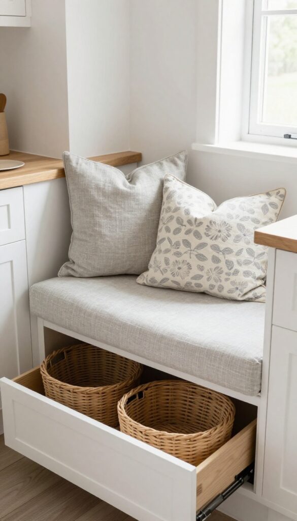 Cozy kitchen banquette with hidden storage drawers and neutral cushions