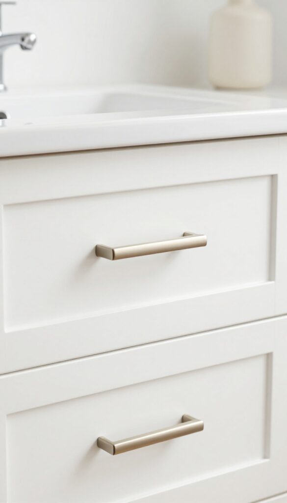 Close-up of modern bar cabinet handles on a bathroom vanity drawer in natural light