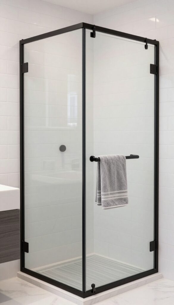 Modern bathroom with a black framed glass shower door against white tiles and marble, featuring slim matte frames and clear glass in bright natural light.
