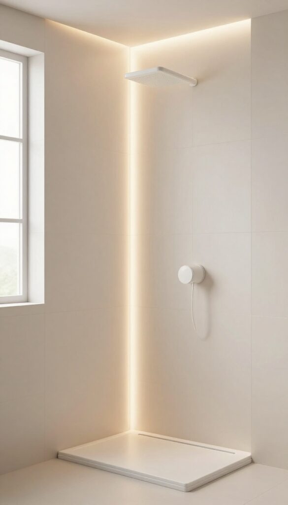A modern bathroom shower with warm LED lighting along the wall and niche, showcasing mood lighting in a clean, minimalist design.