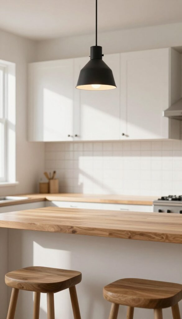 A cozy breakfast bar with a pendant light hanging above, creating a warm and inviting focal point.