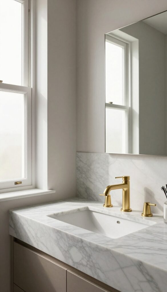A minimalist marble bathroom vanity with brushed brass fixtures in bright natural light, showcasing elegant veining and a clean, high-end aesthetic.