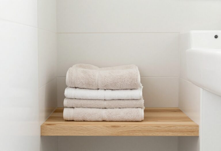A welcoming guest bathroom with layered towels on a shelf in natural light, showcasing practical and stylish home decor ideas for small spaces.