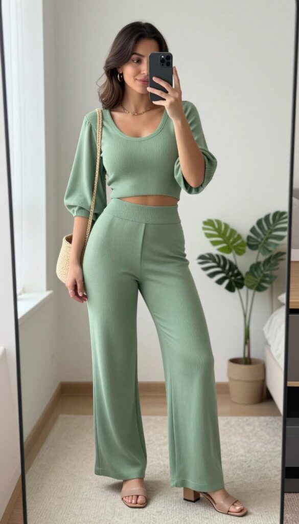 Woman in matching sage green knit two-piece set taking a mirror selfie, wearing nude block-heeled mules and gold jewelry, with a woven crossbody bag, in a bright modern room.