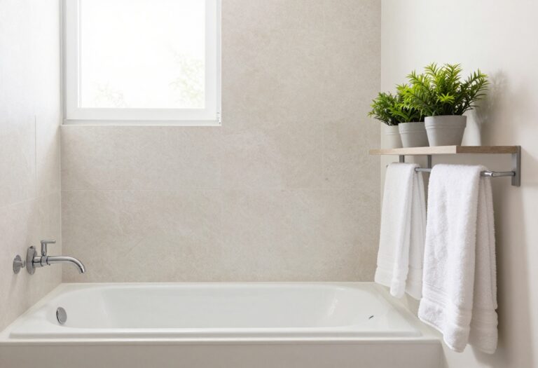 Modern bathroom with textured stone wall above shower, floating shelves with plants, and natural lighting.