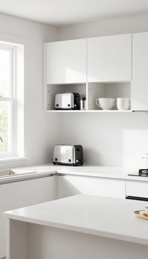 Kitchen peninsula with an appliance garage cabinet hiding small appliances, clean and organized look.