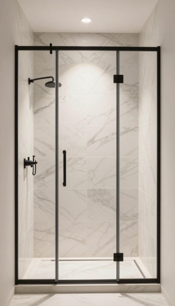 A modern walk-in shower with onyx tiles in a herringbone pattern, highlighting geometric design and rich veining for a contemporary bathroom look.