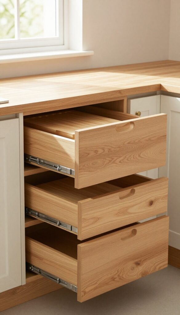 Angled corner drawers in a kitchen peninsula, open to reveal organized baking sheets and cutting boards.
