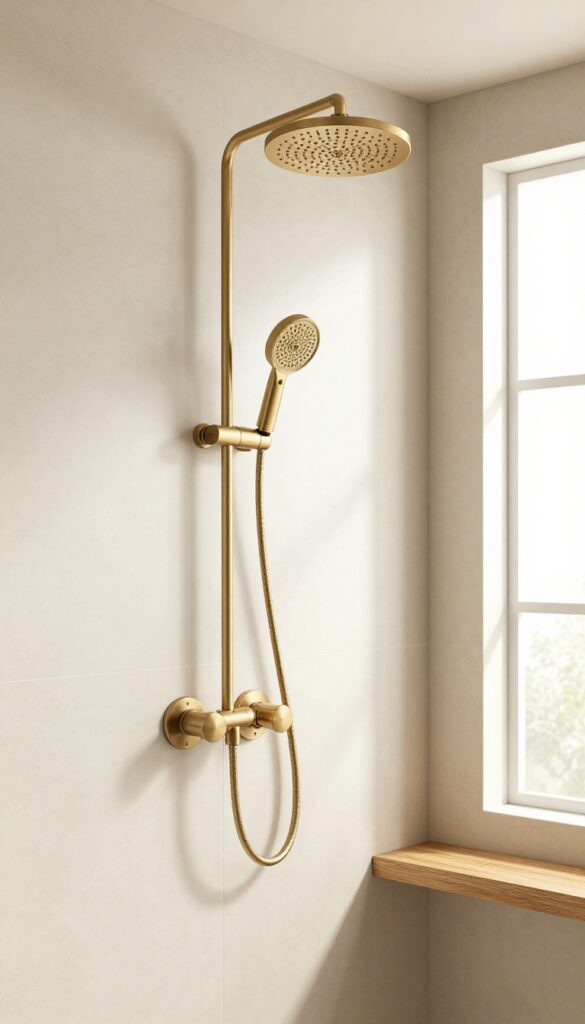 Modern bathroom shower with dual showerheads in brushed brass, separate controls, soft beige tiles, and teak bench.