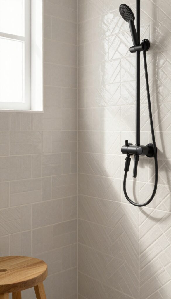 Small bathroom shower with textured herringbone tiles, matte black fixtures, and wood accents
