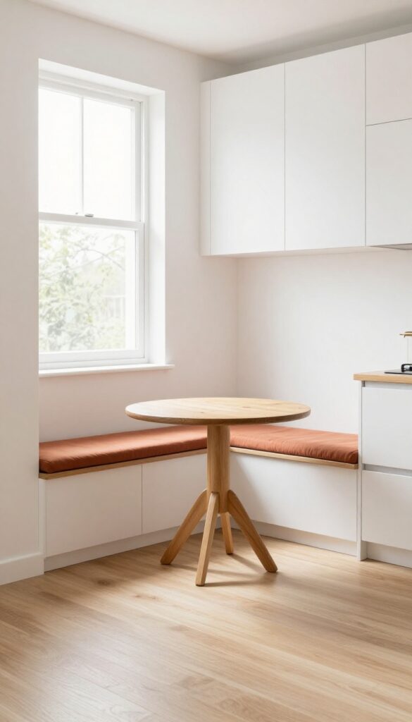 Cozy kitchen dining nook with bench seating and small round table