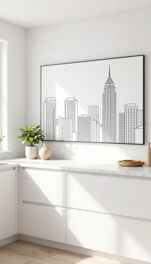 Modern kitchen with a minimalist city skyline print in a black frame on the wall, natural light, clean and bright interior design.