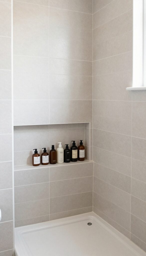 A photorealistic image of a small walk-in shower bathroom showcasing a built-in horizontal niche for storage. The niche is seamlessly integrated into the wall with contrasting tiles and holds neatly arranged shampoo bottles in bright natural light.