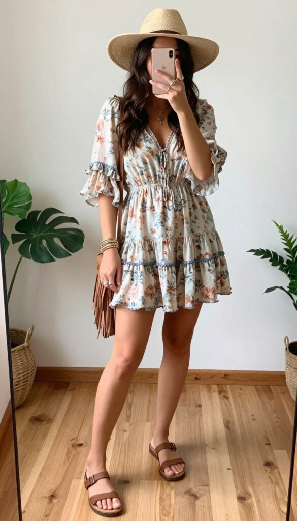 Woman in tiered boho mini dress with floral print, flat sandals, fringe bag, and wide-brim hat, taking a mirror selfie in a bright room.