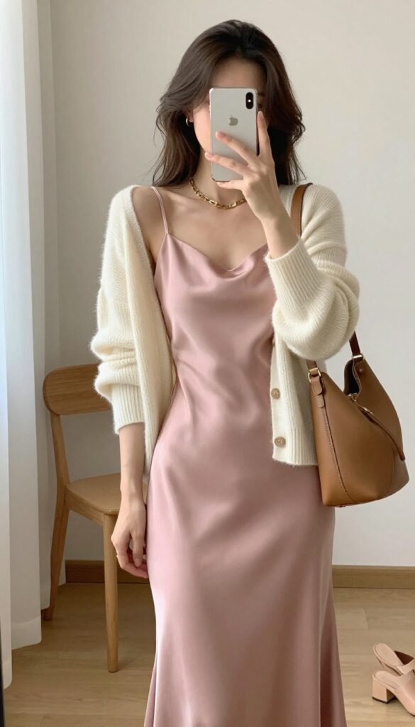 A woman in a dusty rose satin slip dress and a cream lightweight cardigan, posing in a mirror selfie. She holds a phone partially covering her face, showing off her outfit with nude mules and a tan crossbody bag. The setting is a bright, cozy indoor space.