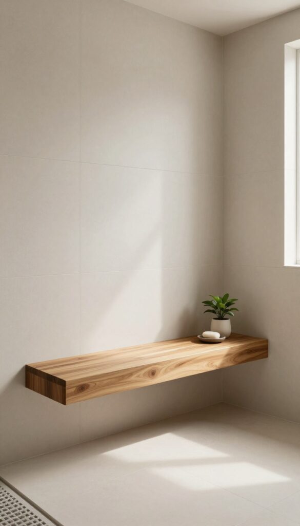 A floating teak bench in a modern shower with neutral tiles, natural light, and minimal decor, showcasing seating and style for bathroom inspiration.