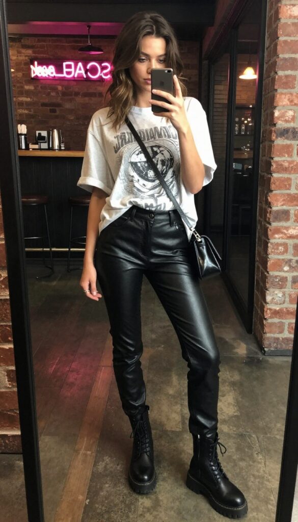A woman in black faux leather pants and a loose graphic tee takes a mirror selfie in a dimly lit bar setting, wearing chunky boots and carrying a small bag.